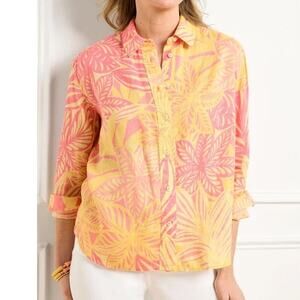 Talbots Women's Small Petite Blouse Button Up Top 100% Linen Short Boxy Shirt
